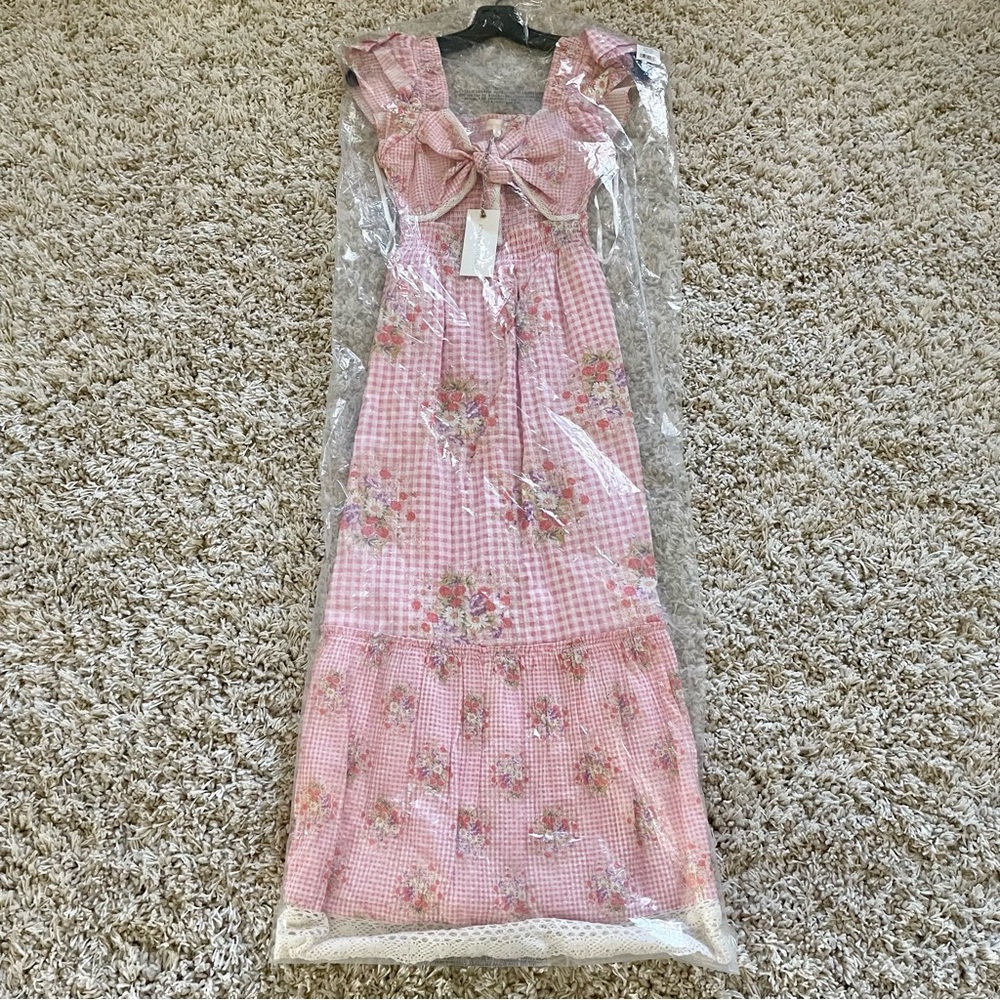 Loveshackfancy Strapless Pink Gingham Floral Dress - image 5